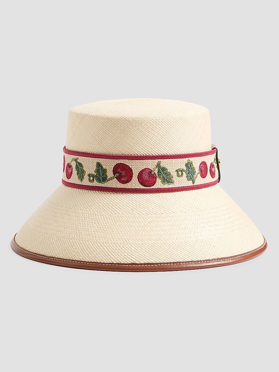 Women's Cherryfic Straw Bucket Hat with Leather Trim and Cherryfic Ribbon - Natural Saddle Brown - Size Large