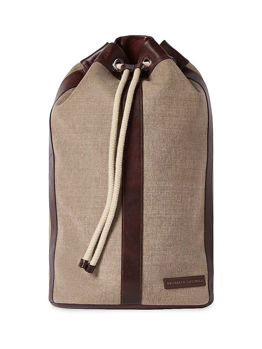 Women's Water Resistant Canvas and Burnished Calfskin Drawstring Backpack - Leather