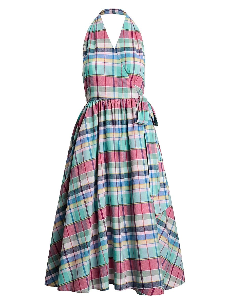 Women's Plaid Cotton Halterneck Wrap Midi-Dress - Teal Pink - Size 4