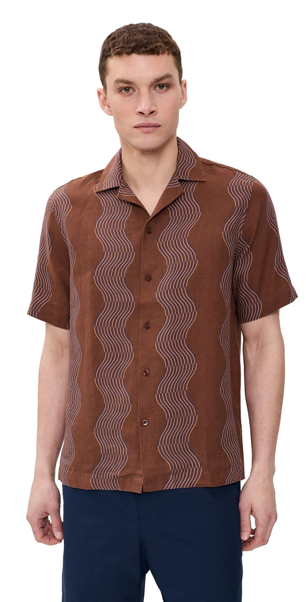 Frescobol Carioca Roberto Duo Cabana Stripe Print Linen Shirt Brown XL