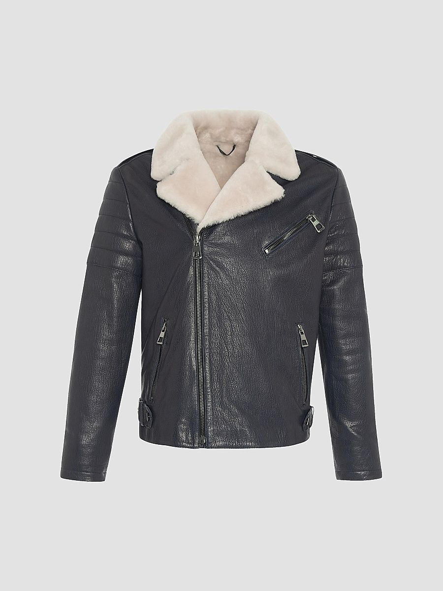 Gorski Men's Nappa Moto Jacket with Shearling Lamb - Navy Beige - Size XL