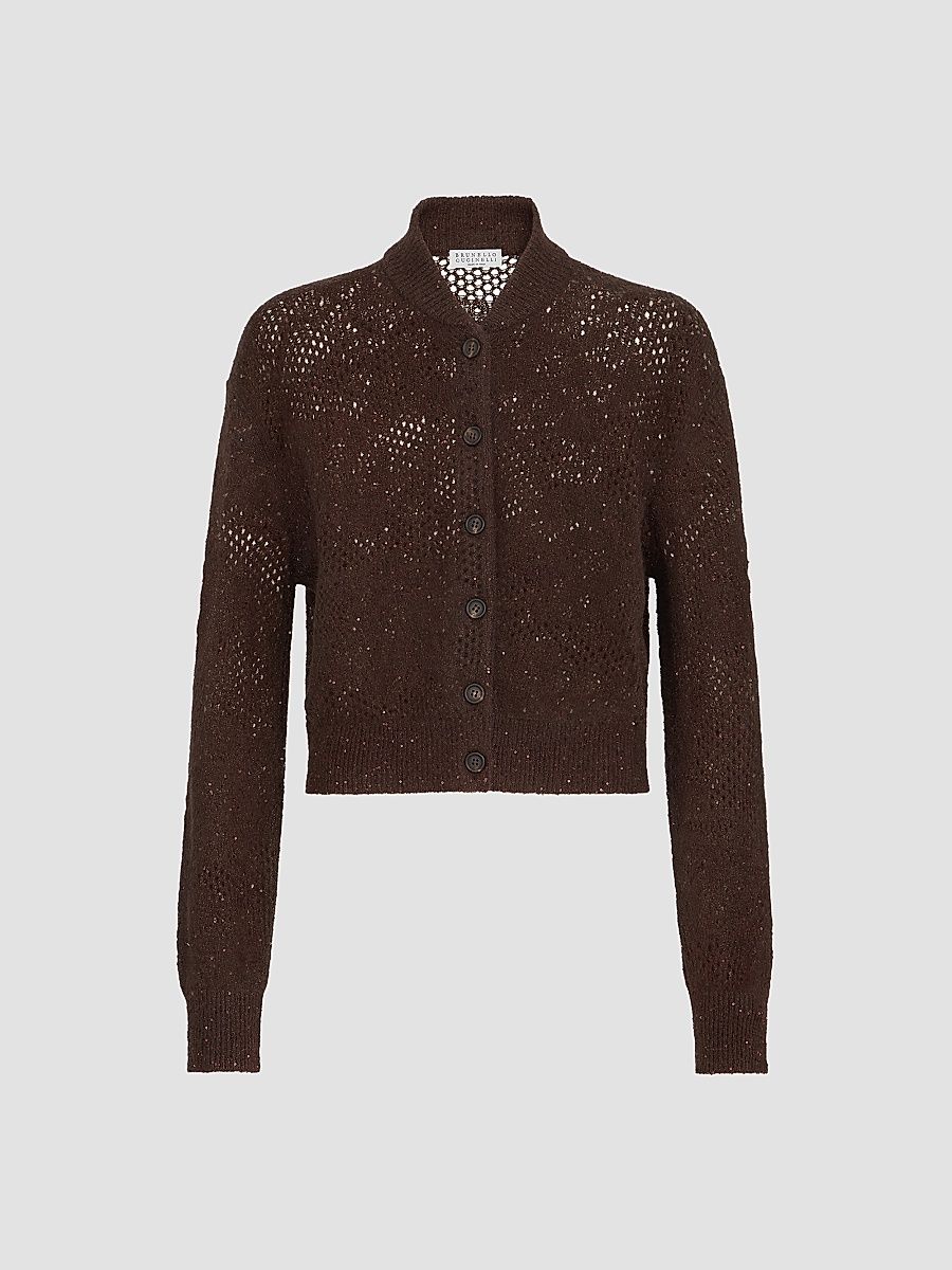 Women's Lace Flowers Cardigan in Sparkling Mohair and Virgin Wool - Brown - Size XS