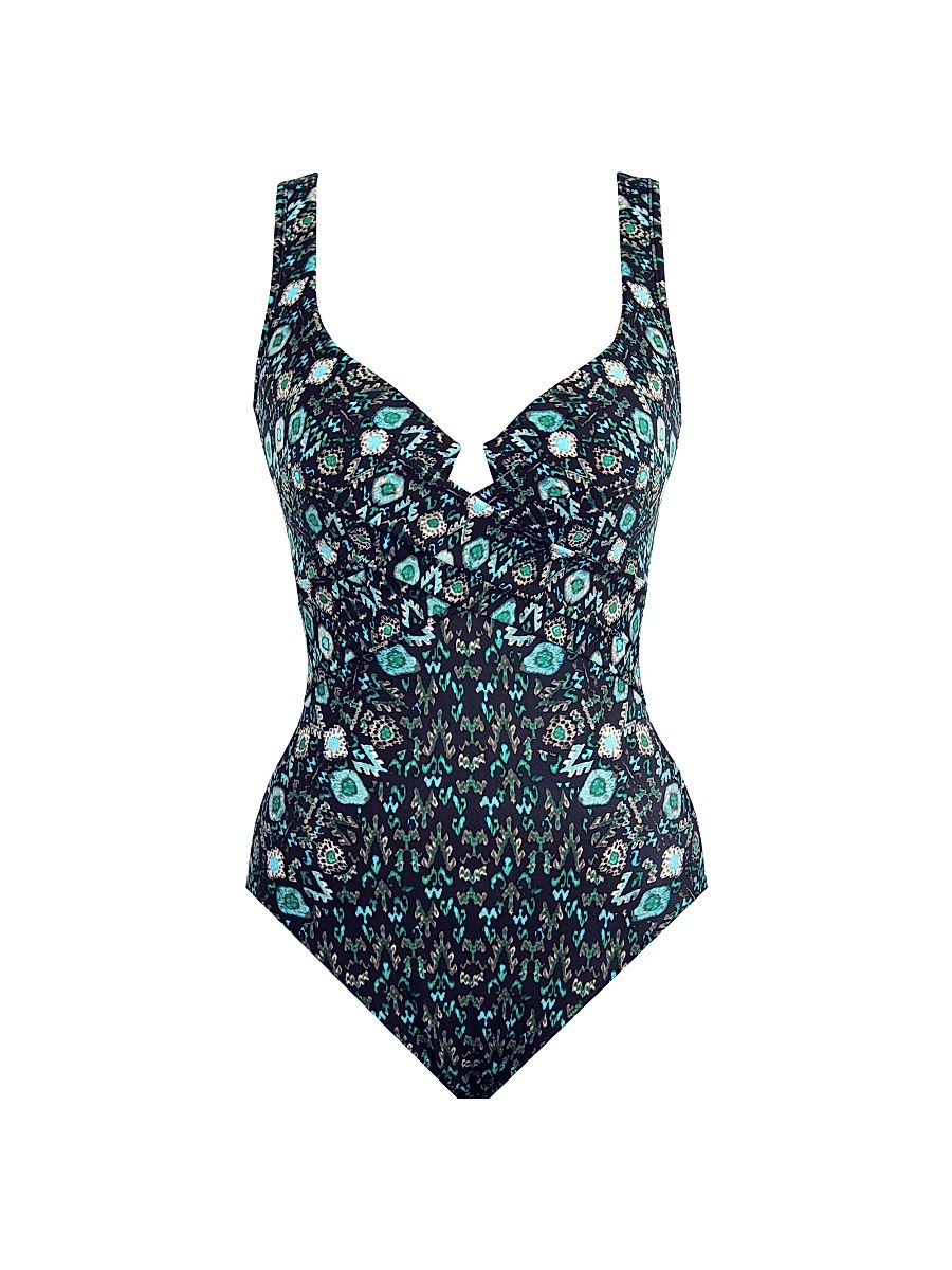 Women's Bijoux Criss-Cross Escape One-Piece Swimsuit - Black Multi - Size 14