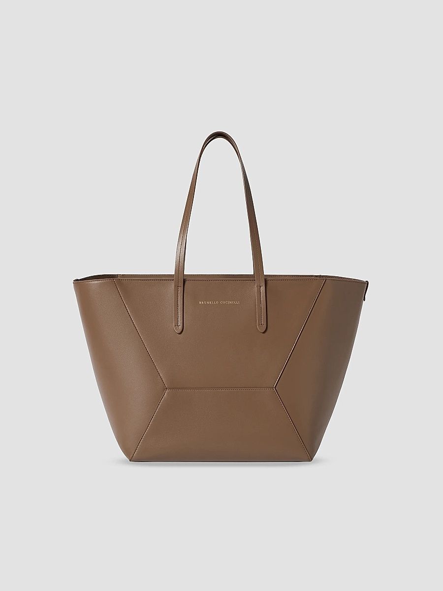 Women's Duo Tote Bag in Calfskin with Monili - Brown Gianduia