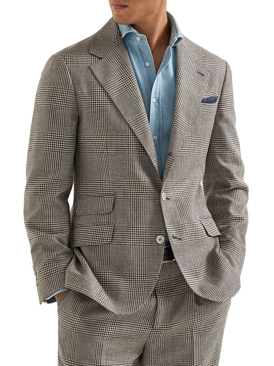 Men's Virgin Wool, Silk and Linen Prince of Wales Deconstructed Cavallo Blazer - Light Brown - Size 36