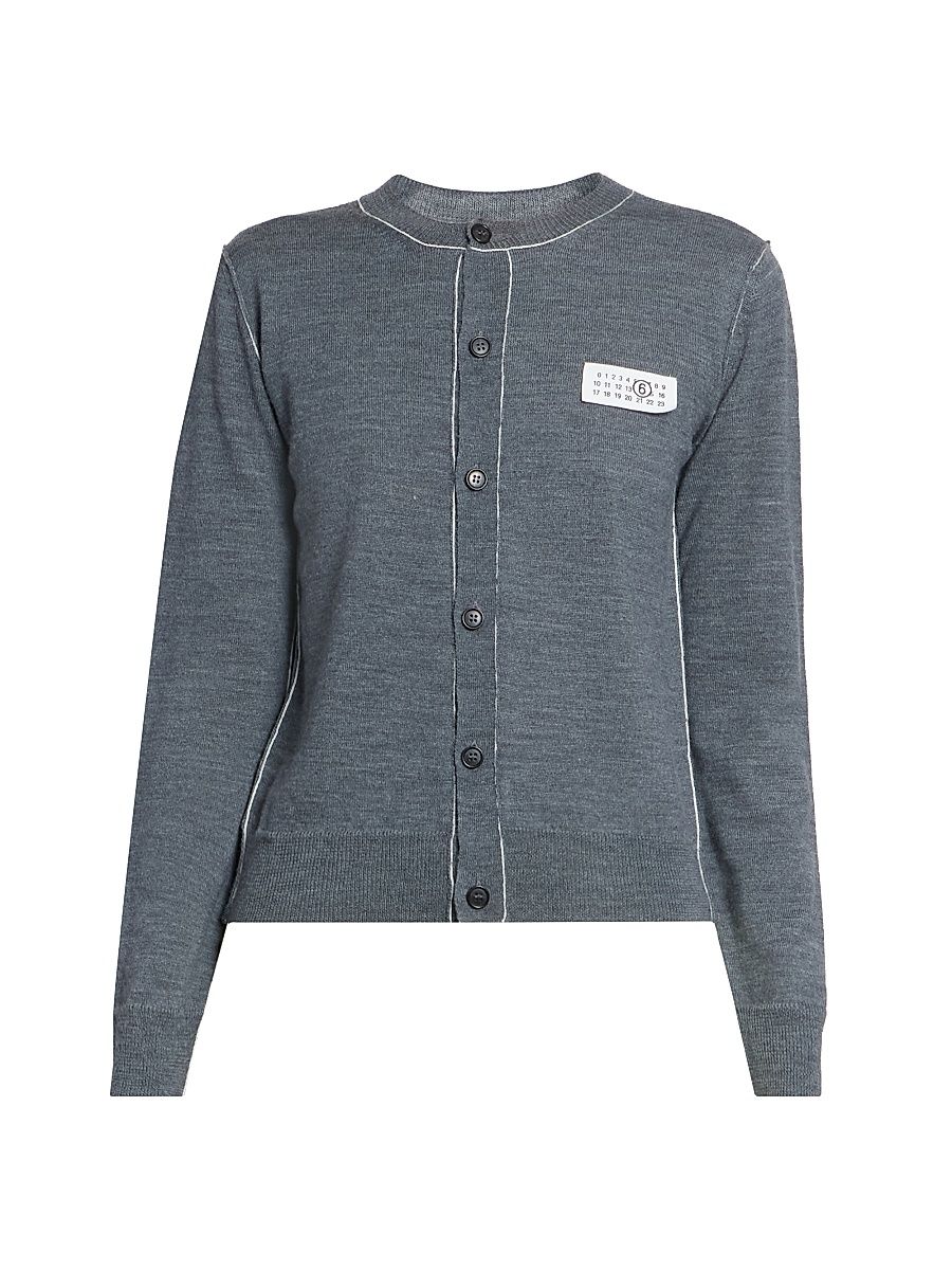 Women's Contrast-Seam Virgin Wool-Blend Cardigan - Grey Melange - Size Medium