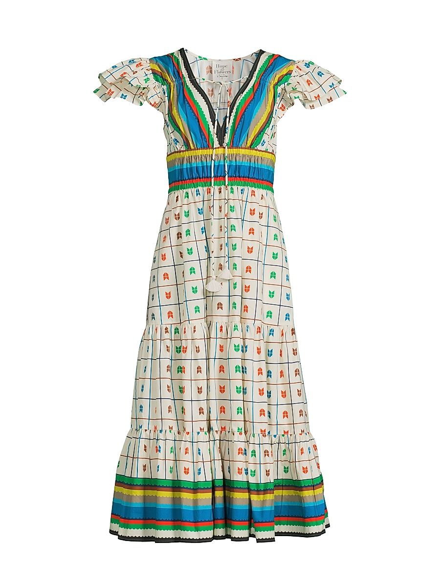 Women's Stripe & Check Tiered Peasant Dress - Stripes And Checks - Size XL