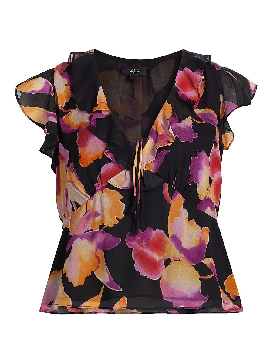 Women's Carmine Ruffle-Trim Floral Top - Dusk Orchid - Size Small