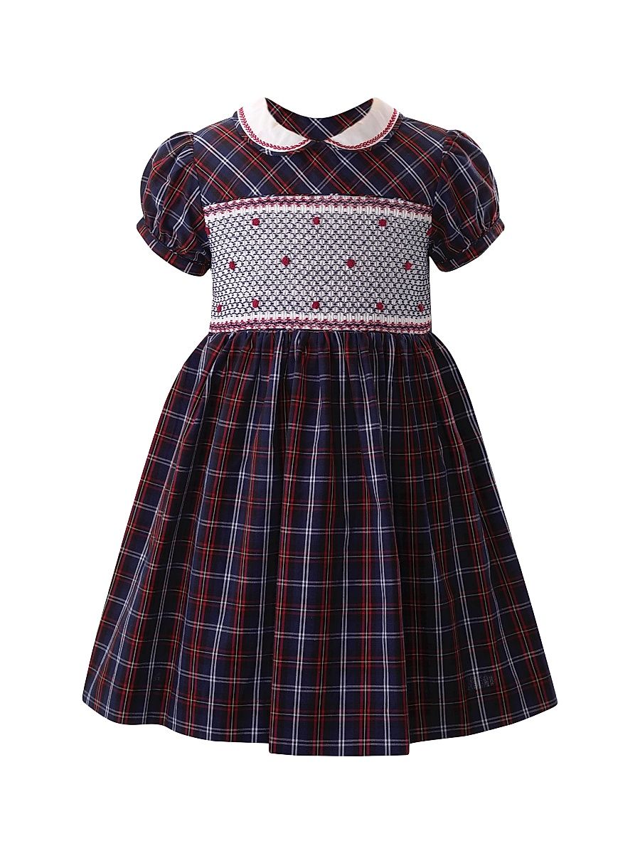 Little Girl's & Girl's Check Smocked Dress - Navy Red Plaid - Size 8