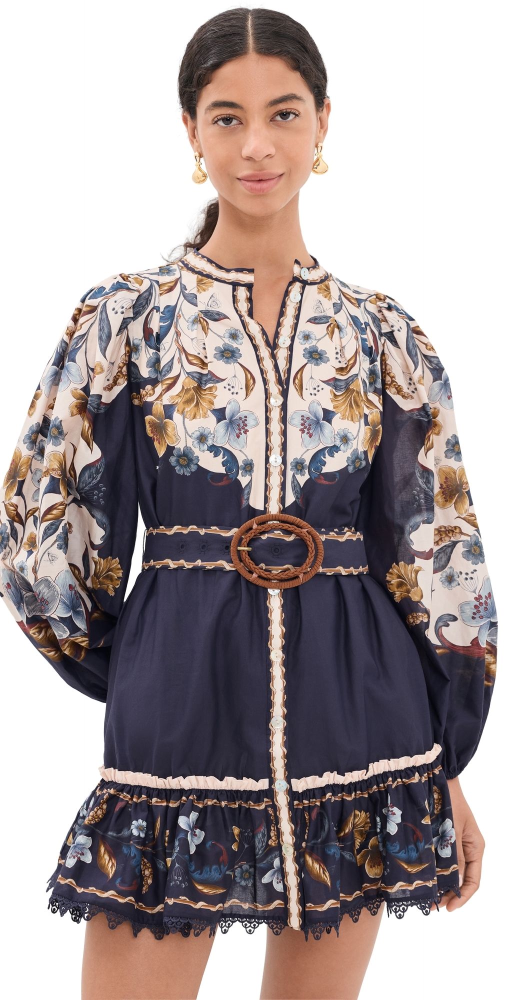 FARM Rio Belted Pattern Mini Dress Golden Nature Navy Blue S