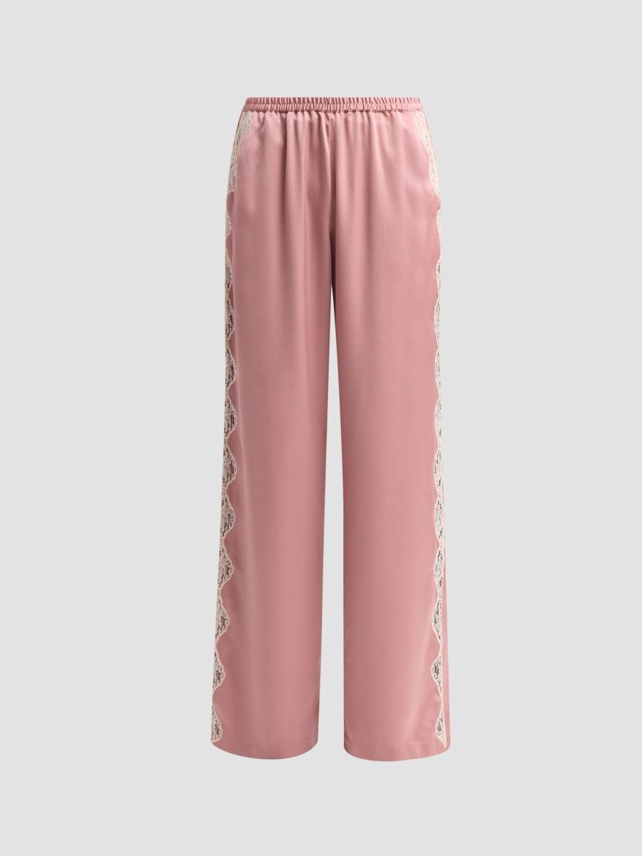 LoveShackFancy Women's Eleska Crepe Lace-Trim Wide-Leg Pants - Flushed Tan - Size XL