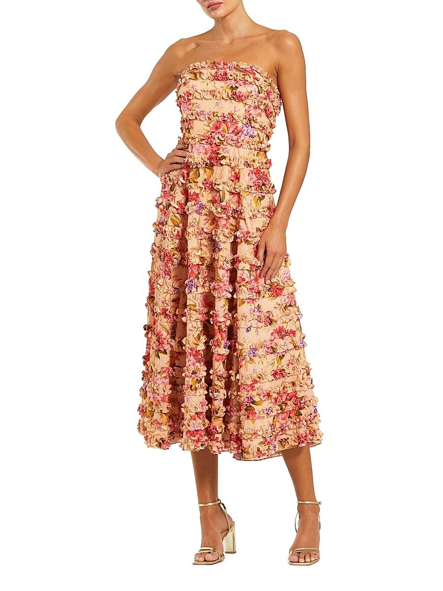 Women's Ruffled Strapless Midi-Dress - Pink Multi - Size 2