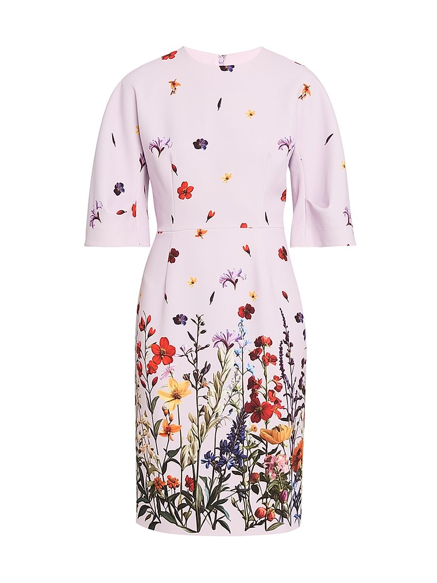 Women's Floral Crepe Wide-Sleeve Knee-Length Dress - Lilac Multi - Size 18
