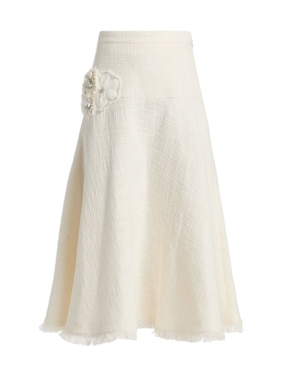 Women's Henriette Floral Appliqué Cotton Midi-Skirt - Gardenia - Size 16