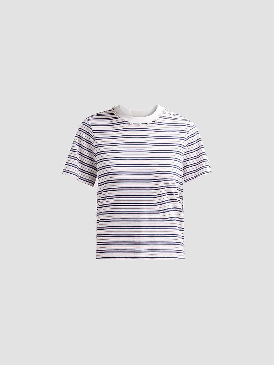 Women's Mattea Striped Imitation-Pearl-Embellished Cotton T-Shirt - Sailor Stripe - Size Large