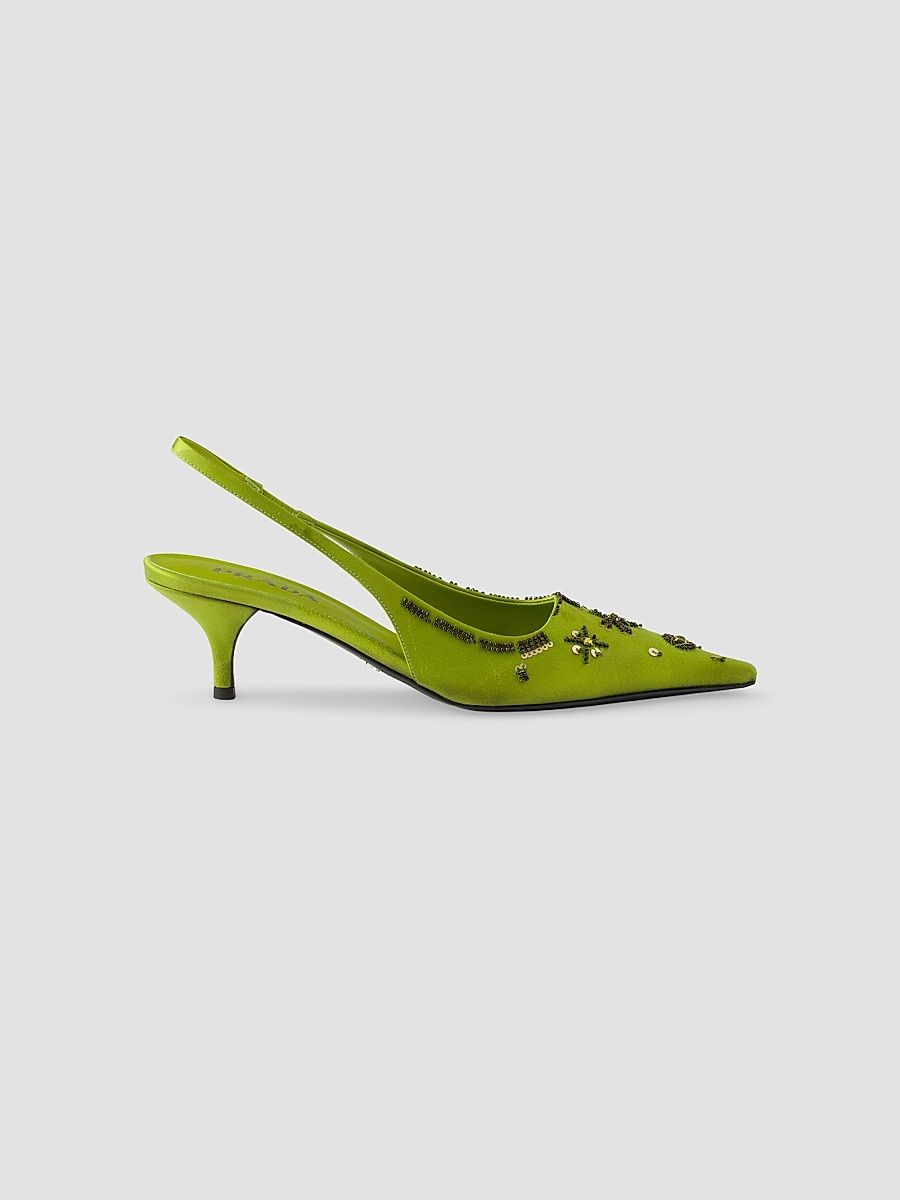 Women's Embroidered Satin Slingback Pumps - Green - Size 6.5