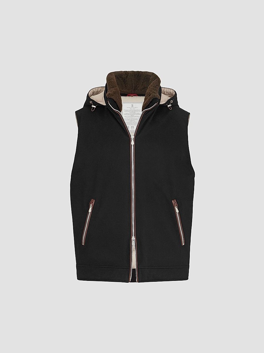 Men's Bonded Wool Flannel Hooded Down Vest with Detachable Shearling Insert - Black - Size XL