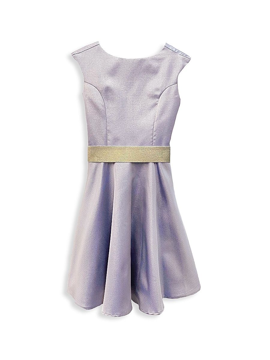 Girl's Cap-Sleeve Jacquard Flared Dress - Blue Gold - Size 16