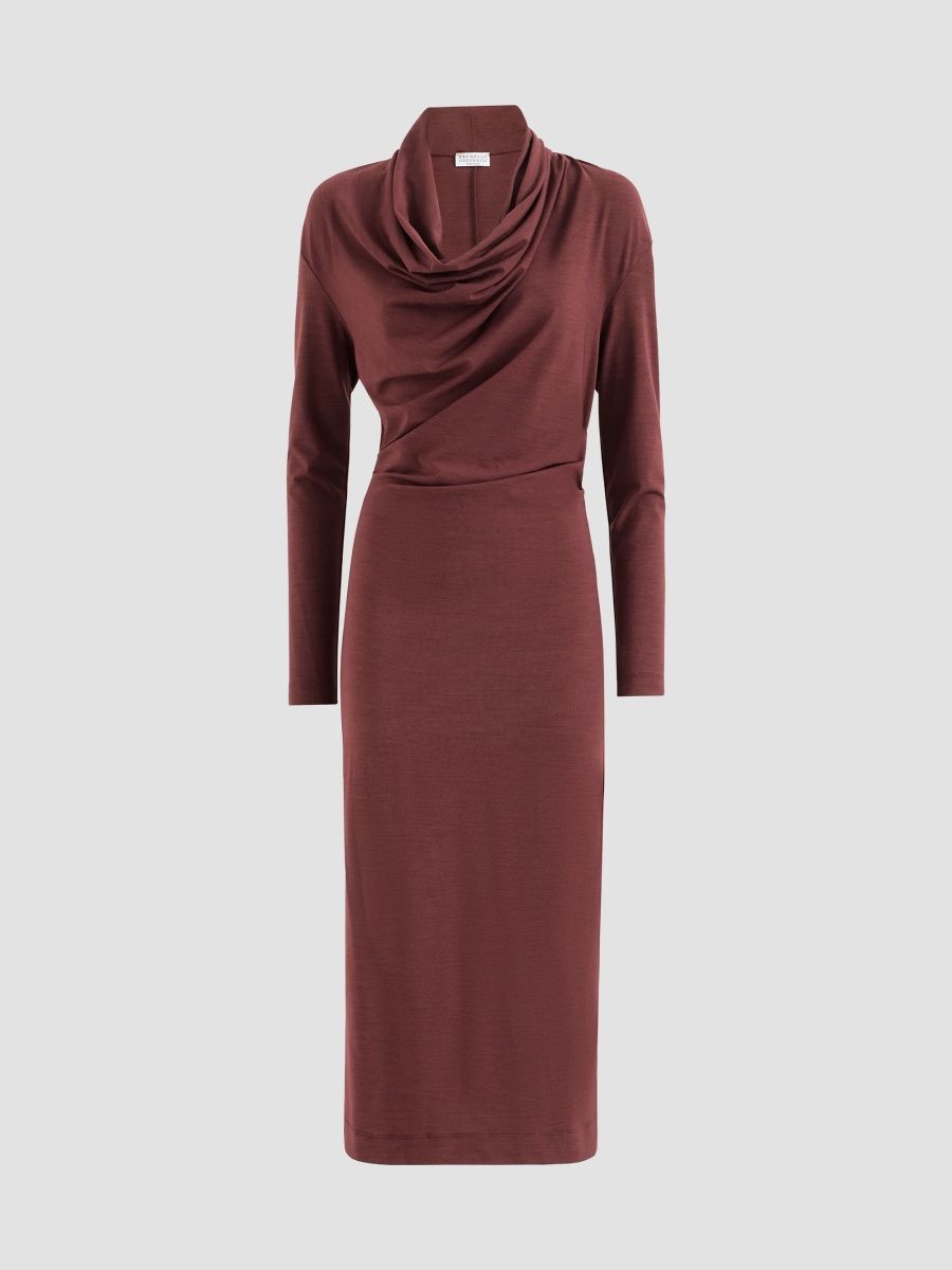 Brunello Cucinelli Women's Techno Wool Jersey Dress with Draping and Monili - Red - Size Medium
