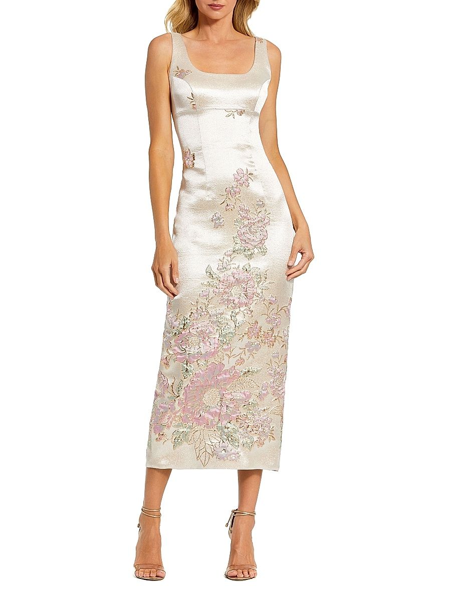 Women's Petite Floral Brocade Scoopneck Sheath Midi-Dress - Champagne Multi - Size Petite 10