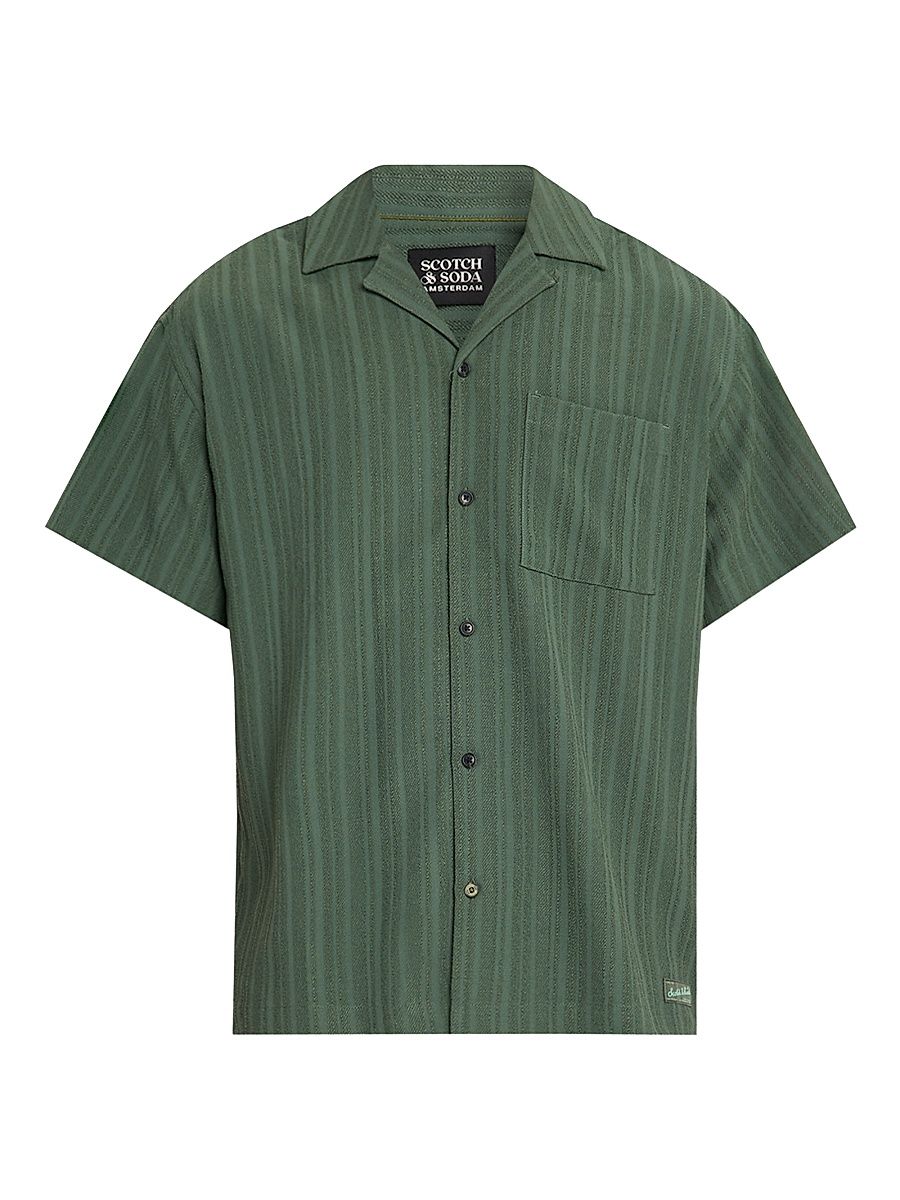Men's Textured Striped Chest-Pocket Short-Sleeve Shirt - Green - Size XL