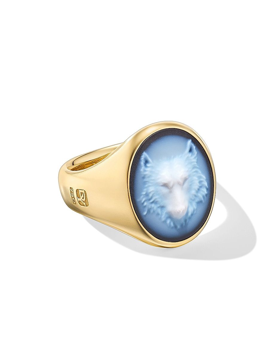 Men's Petrvs Wolf Signet Ring in 18K Yellow Gold - Banded Agate - Size 10