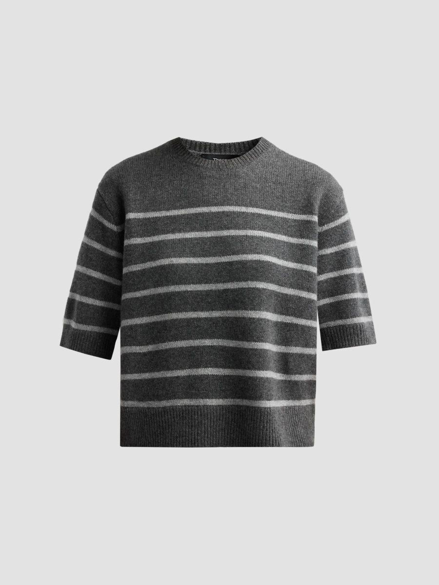 Theory Women's Crop Striped Cashmere T-Shirt - Charcoal Husky - Size XS