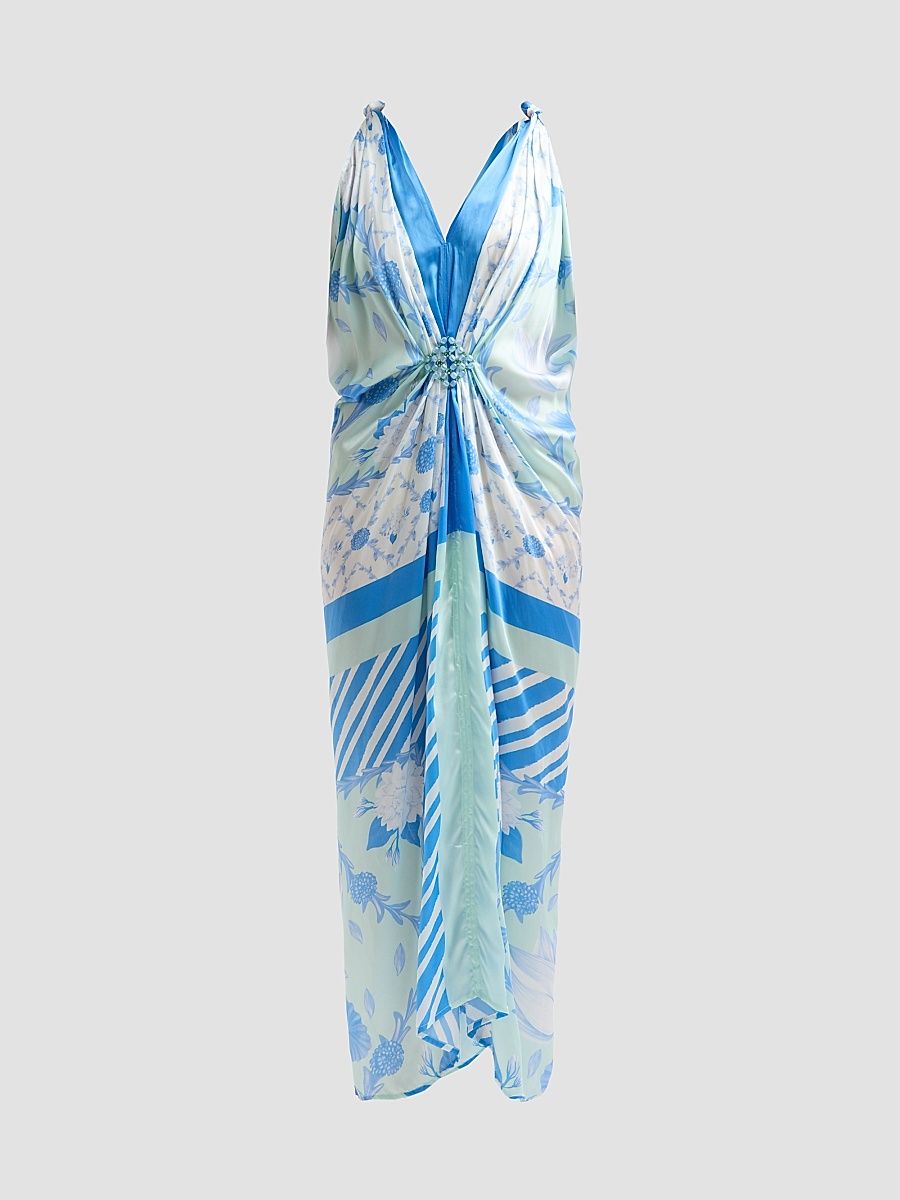 Women's Bejewelled Hand-Knotted Drape Maxi Dress - Blue And Mint Lotus - Size XS