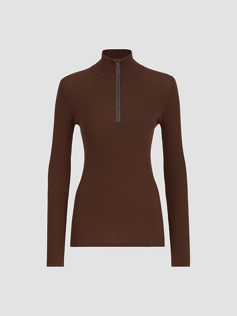 Brunello Cucinelli Women's Virgin Wool and Cashmere Lightweight Ribbed Turtleneck Sweater - Brown - Size Medium