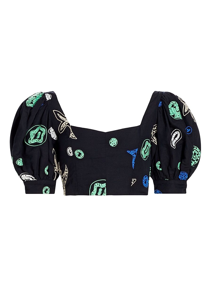 Women's Embroidered Puff-Sleeve Crop Top - Oceana Embroidery - Size 6