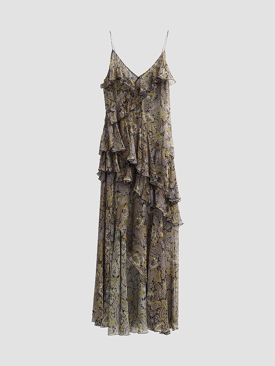 Women's Alva Paisley Ruffle Slit Maxi Dress - Black Gold Multi - Size Small