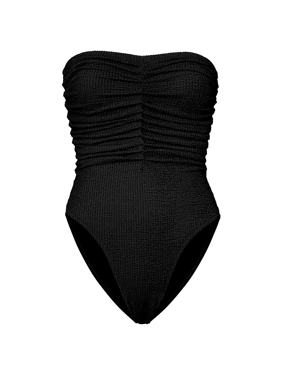 Women's Textured Ruched Strapless One-Piece Swimsuit - Black - Size Large
