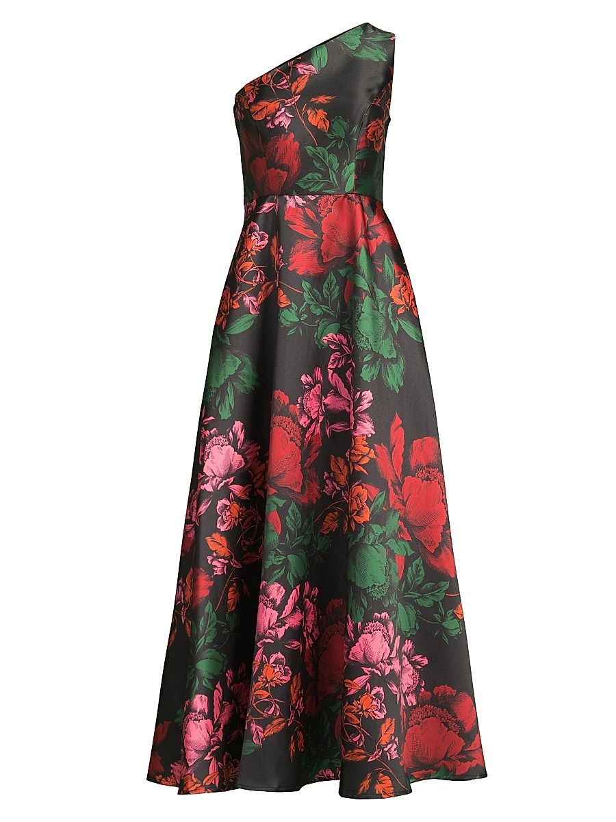 Women's Cassandra Floral One-Shoulder A-Line Maxi Dress - Black Multi - Size 14