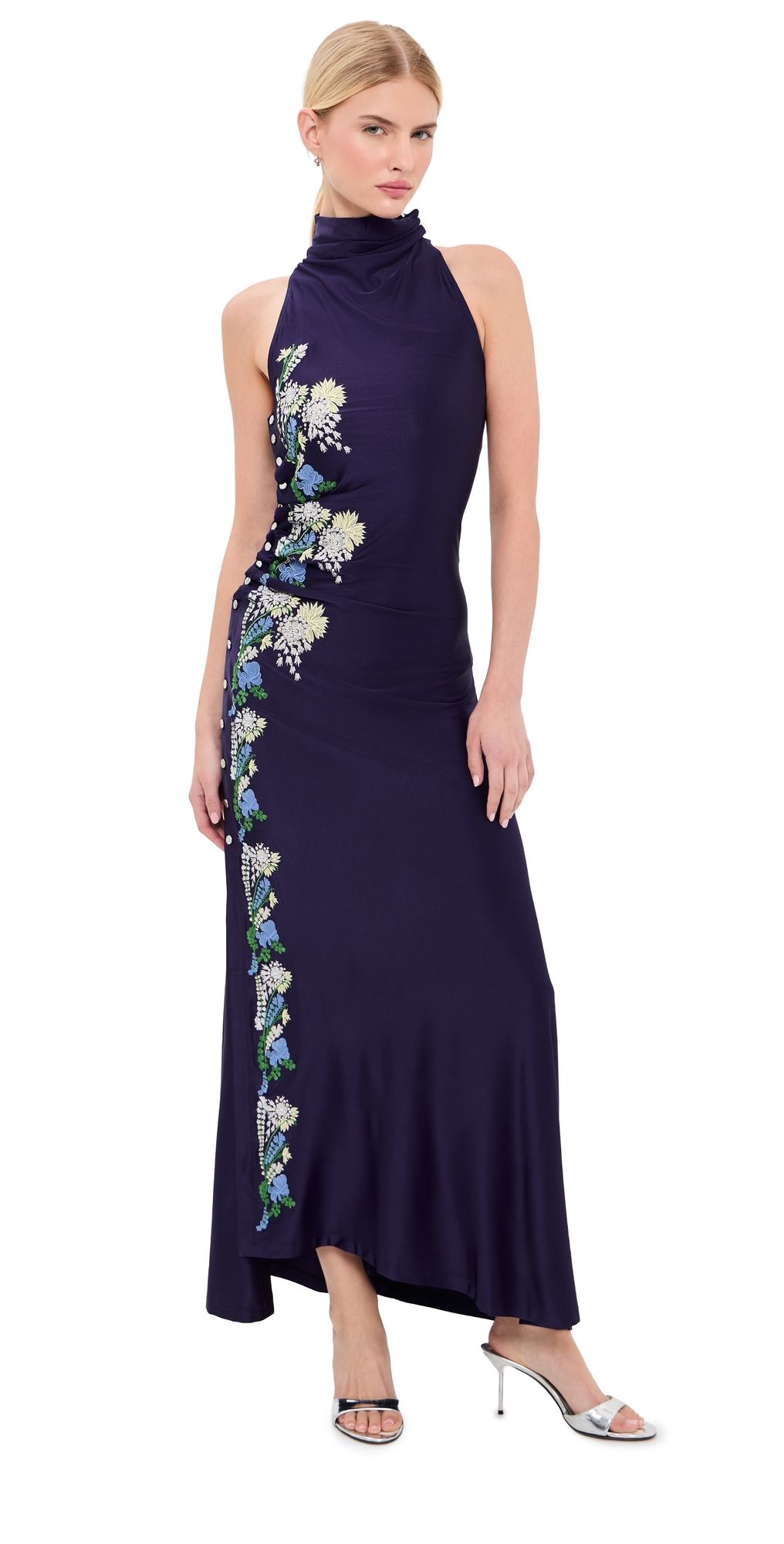 rabanne Embroidered Draped Jersey Long Dress Sailor Blue 42