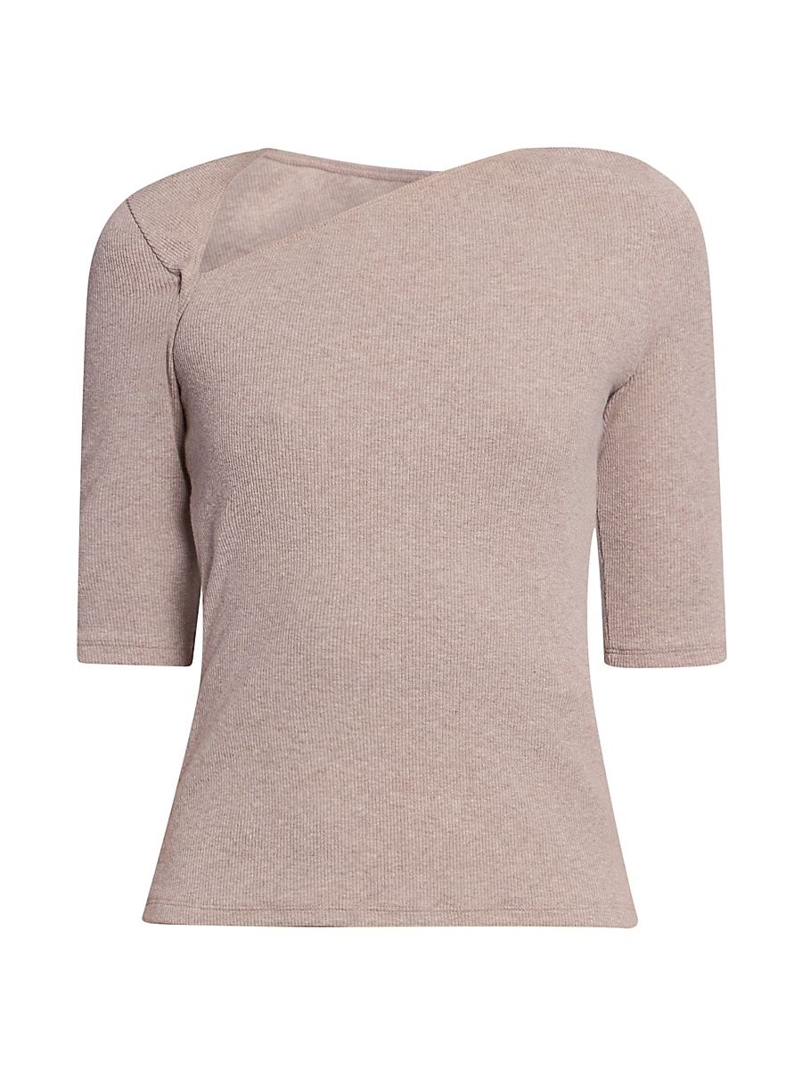 Women's Asymmetric Rib-Knit Cotton-Blend Top - Taupe - Size Large