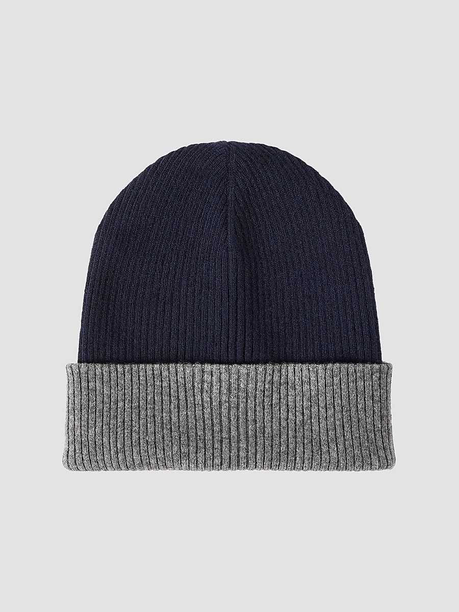 Men's Cashmere Double Knit Ribbed Beanie - Navy Blue - Size Large