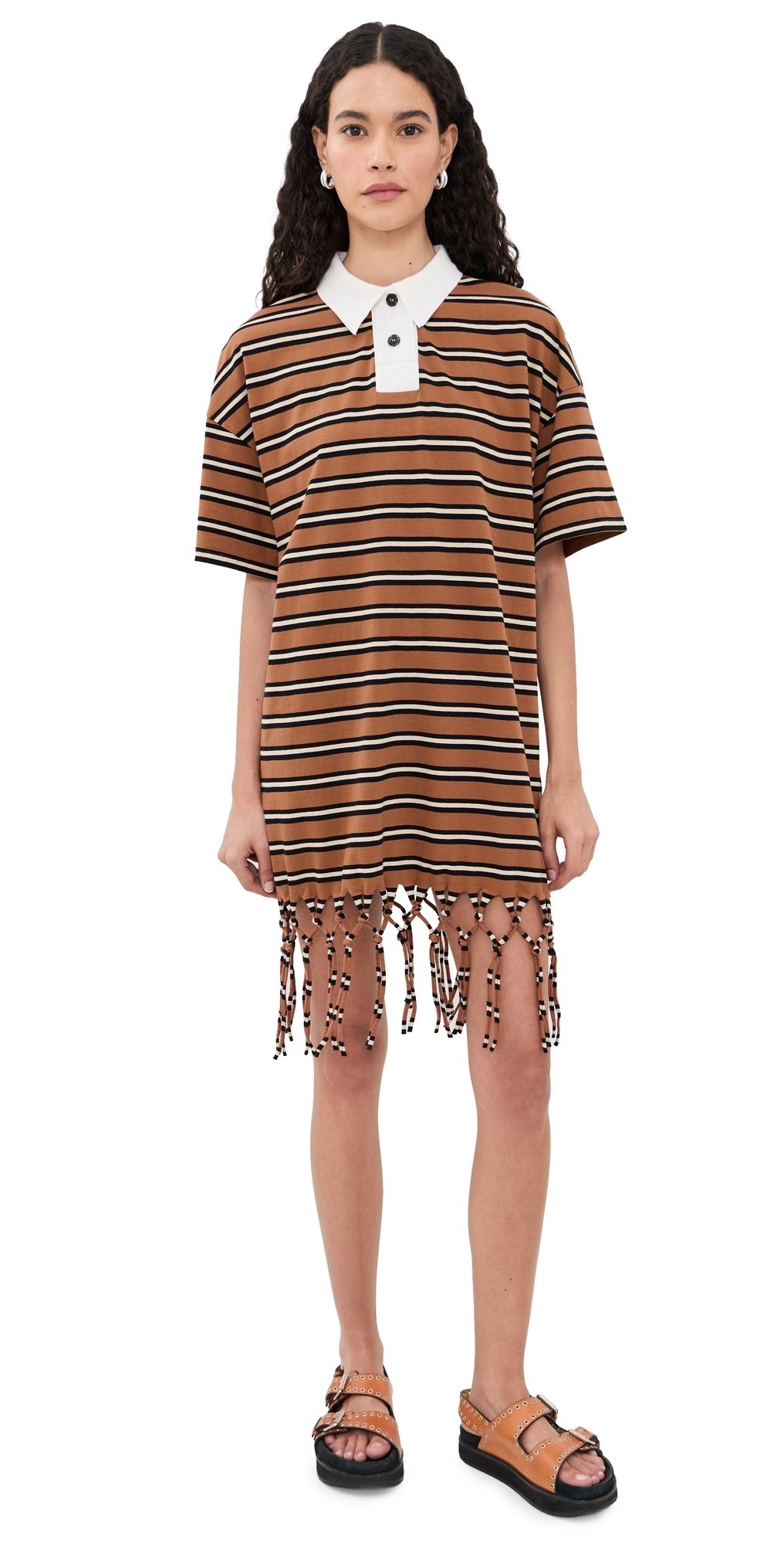 Nanushka Benigna Dress Tan/White/Black Stripe S