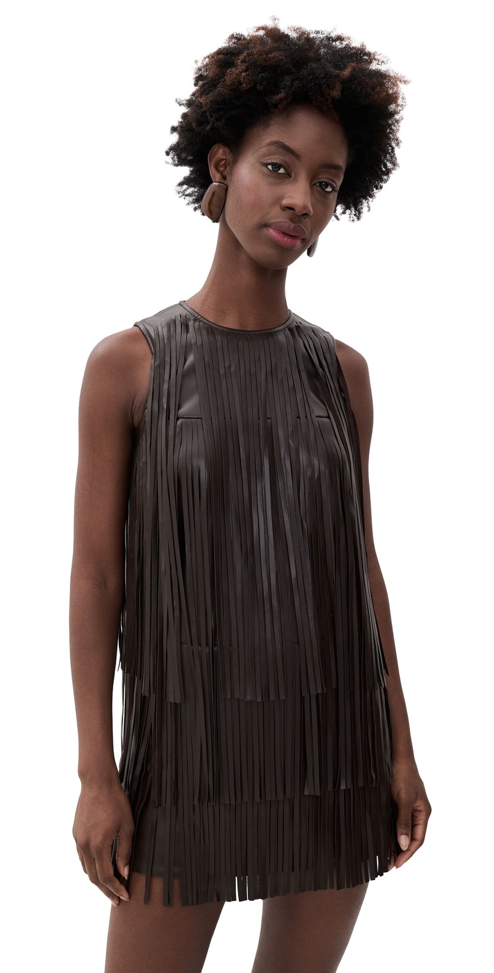 SIMONMILLER Sina Vegan Leather Fringe Dress Dark Choco Brown M