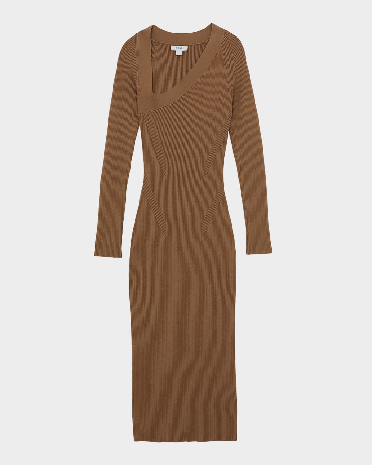 Zeta Asymmetric-Neck Rib-Knit Midi Dress
