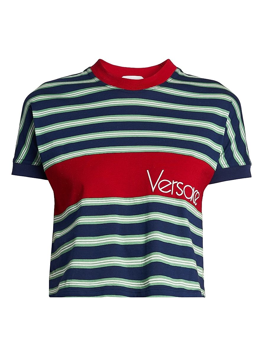 Women's La Vacanza Vintage Logo Stripe Cotton T-Shirt - Ink Grass Green White - Size 12