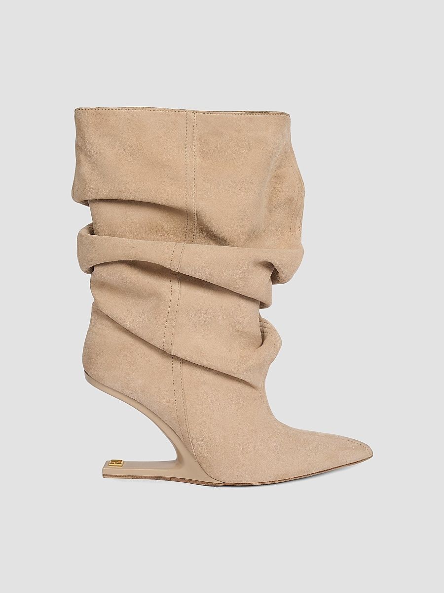 Balmain Women's 95MM Draped Suede Sculptural Ankle Boots - Sable - Size 11.5