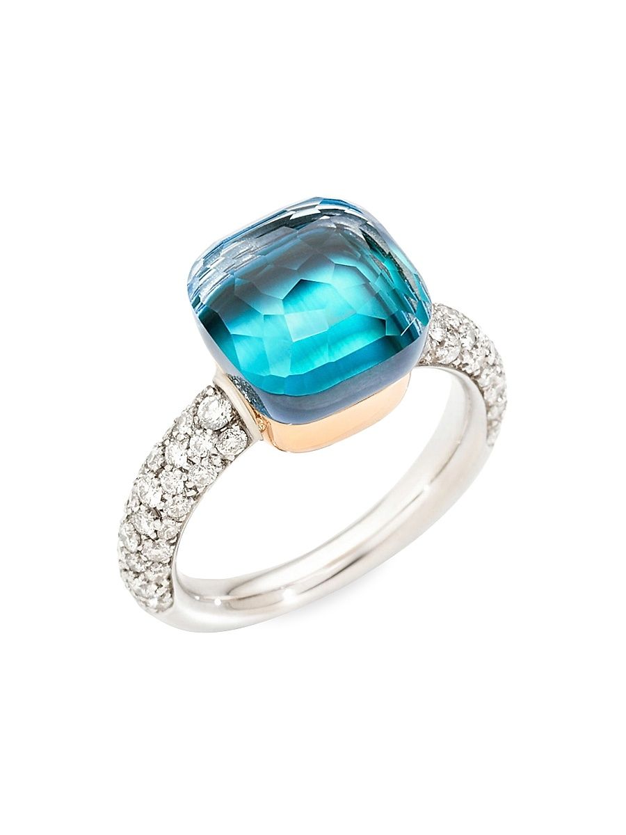 Women's Nudo 18K Two-Tone Gold, Sky Blue Topaz & Diamond Classic Ring - White Gold - Size 6.25