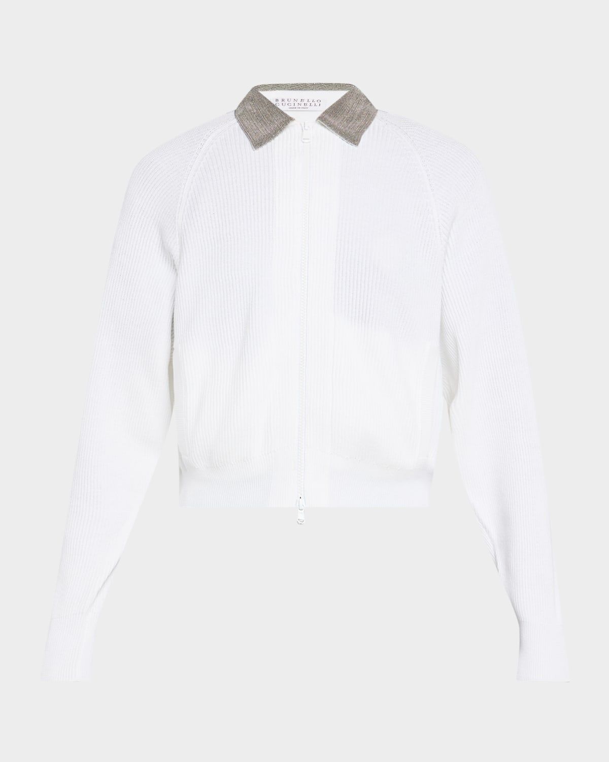 Monili-Collar Zip Cotton Rib Cardigan