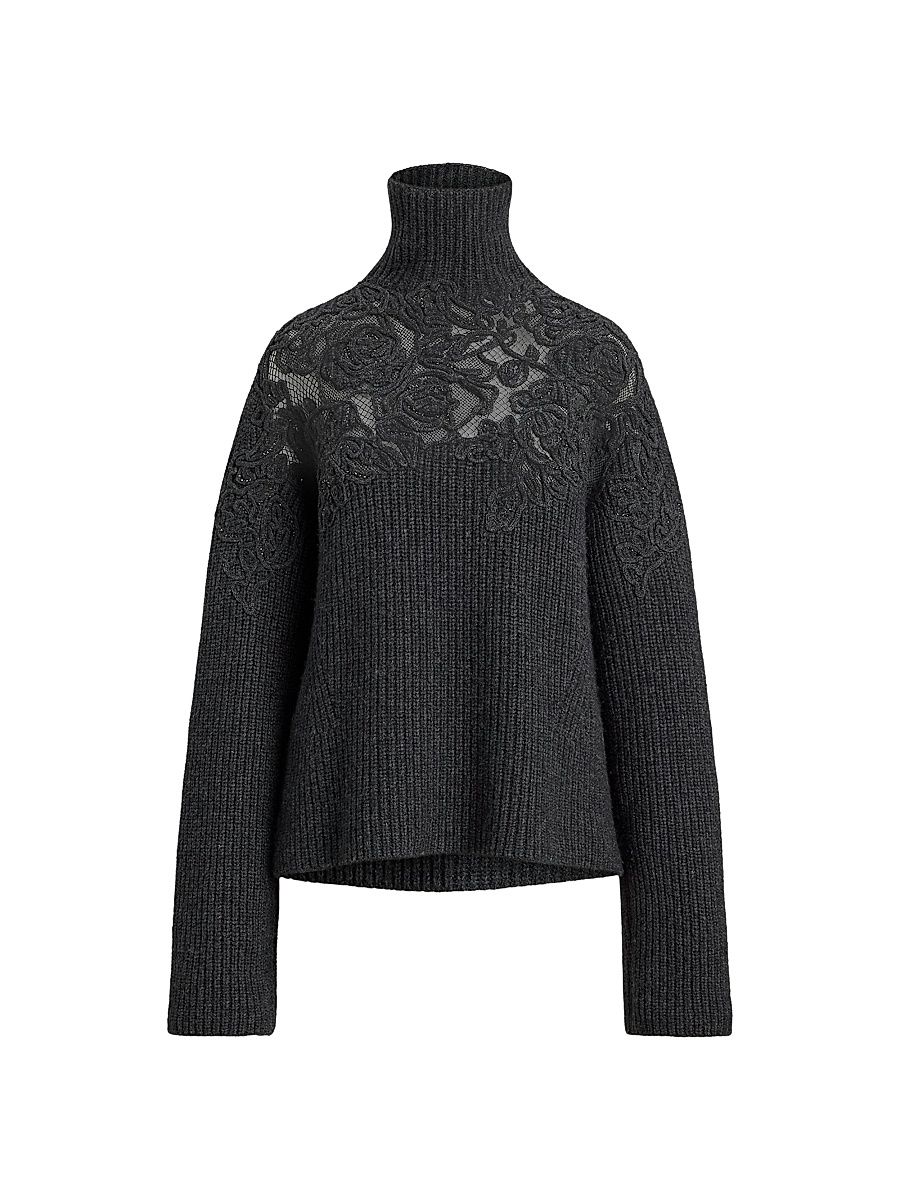 Women's Embroidered Cashmere Funnelneck Sweater - Medium Grey Melange - Size Small