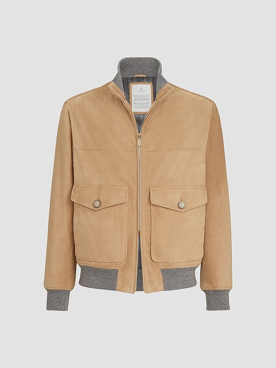 Men's Suede Bomber Jacket with Thermore Padding - Sand - Size Large