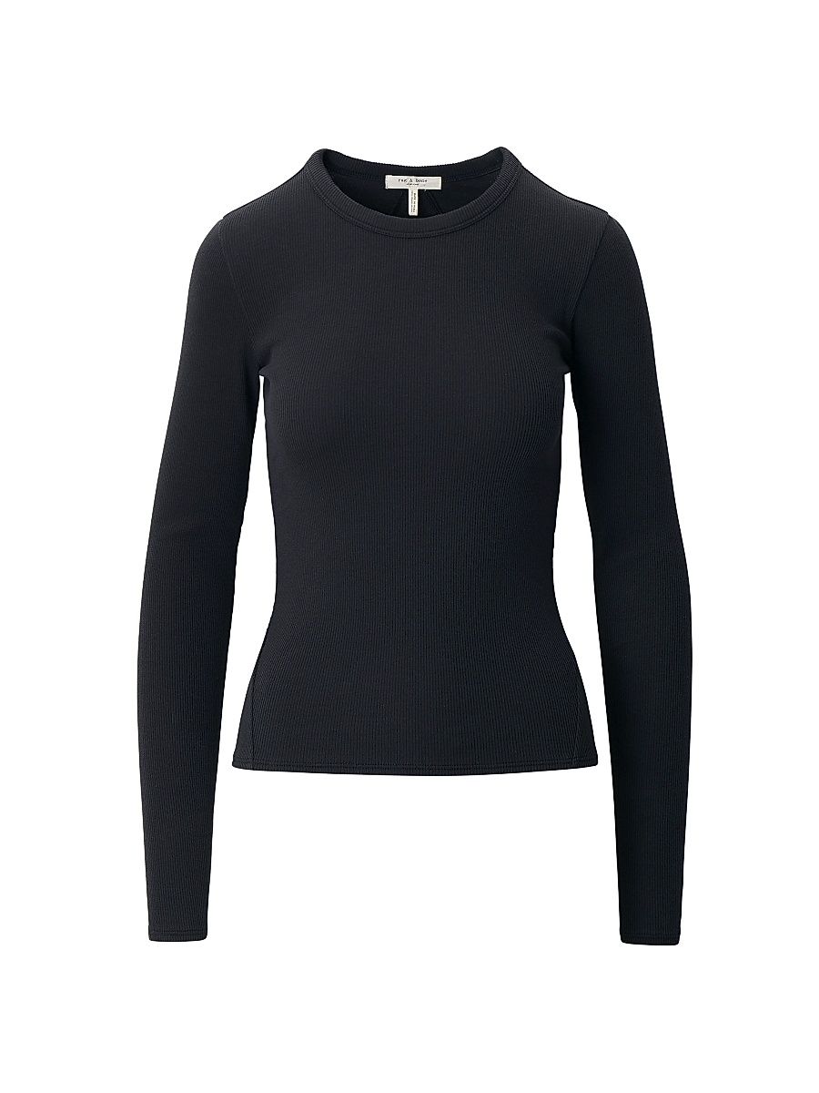 Women's The Essential Rib-Knit Long-Sleeve Crewneck T-Shirt - Black - Size XL