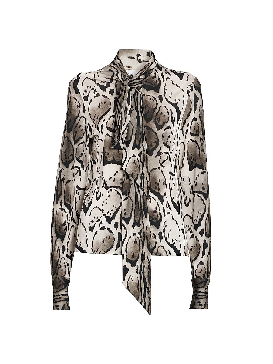 Women's Cloud Leopard Pussy Bow Blouse - Grey Multi - Size 0