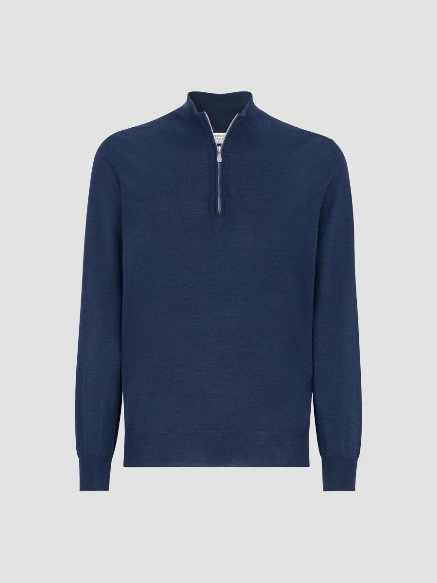 Brunello Cucinelli Men's Cashmere, Silk and Linen Lightweight Sweater with Half Zip - Blue - Size 48