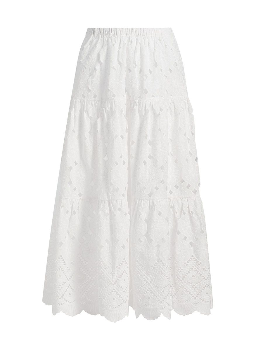 Women's Melanie Tiered Cotton Midi-Skirt - Trellis Eyelet White - Size XL