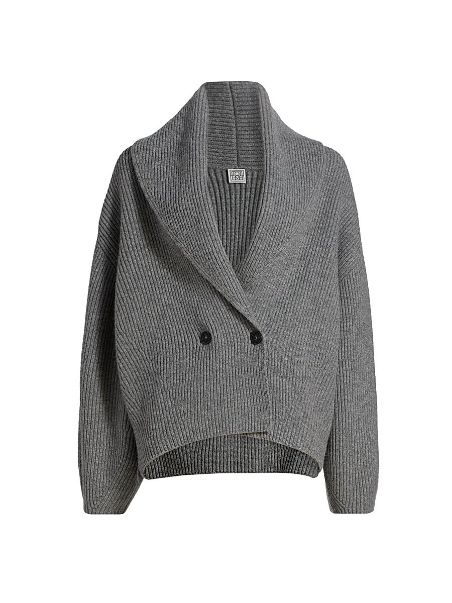 Women's Shawl Collar Wool Double-Breasted Cardigan - Mid Grey Melange - Size XL